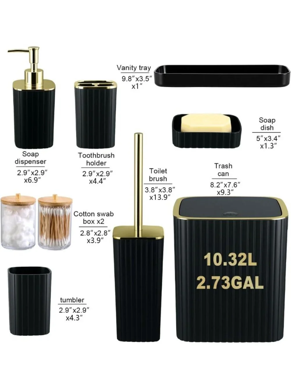 9PC Black & Gold Bathroom Accessories Set - Trash Can, Soap Dispenser & More